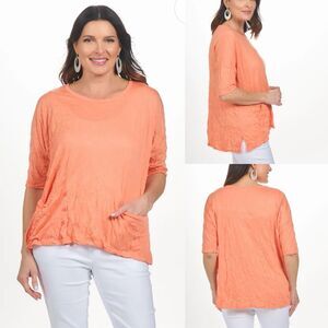 Shana Women’s S Half Sleeve Crinkle Tunic Top Coral 2 Pockets Boxy Fit
